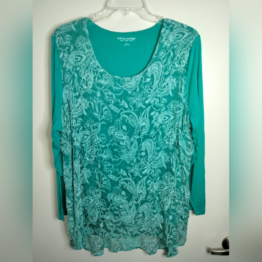 Soft Surroundings (Sz 3X) Turquoise Stretch Floral Stretch Silk LS Tunic Blouse